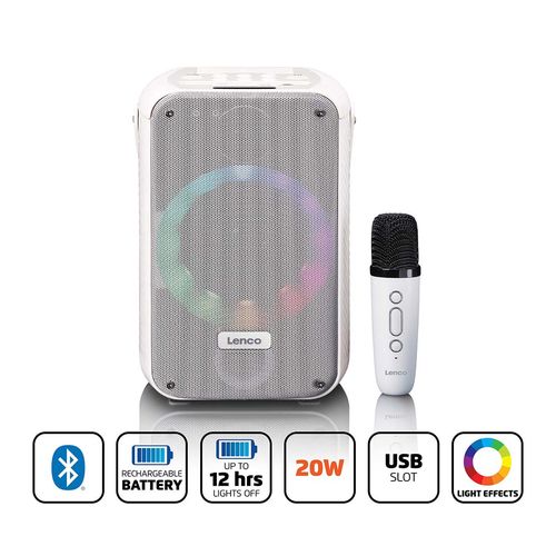 Karaoke system with Bluetooth®, rechargeable battery, wireless karaoke microphone, and disco LED lighting White BTC-060WH 8711902081296