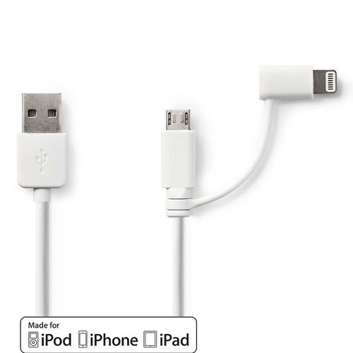 2-in-1 Cable | USB 2.0 | USB-A Male | Apple Lightning 8-Pin / USB Micro-B Male | 480 Mbps | 1.00 m | Nickel Plated | Round | PVC | White | Polybag CCGP39400WT10 5412810280094