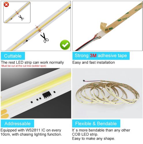 Светодиодная лента 24Vdc, 10W/m, COB 480LED/m, цифровая WS2811, 3000K, IP20, 180°, LEMLUX COB-WW420-IC