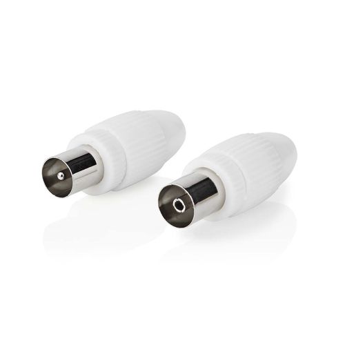 IEC (Coax) Connector | Straight | Female / Male | Nickel Plated | 75 Ohm | Screw | Cable input diameter: 7.0 mm | Metal / PVC | White | 2 pcs | Box CSBW40999WT 5412810265732