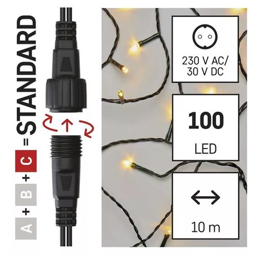 LED garland, 30Vdc, 10m, 100 x LED, warm white, connectable, without power supply, EMOS D1AW03 8592920094693