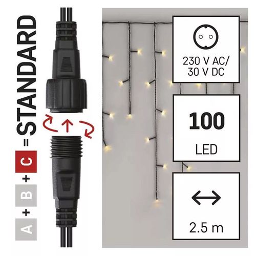 LED garland/curtain, 30Vdc, 2.5x0.9m, 100 x LED, warm white, connectable, without power supply, EMOS D1CW01 8592920094709