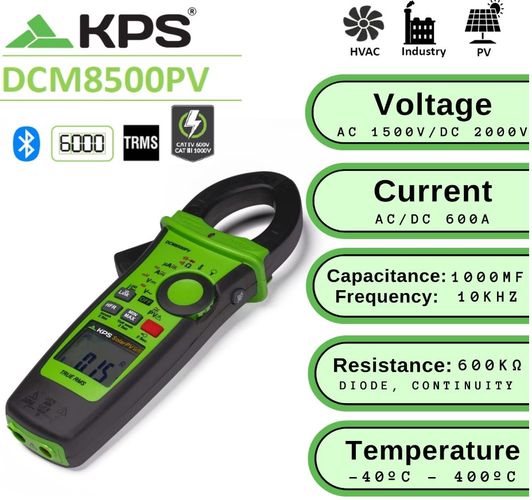 AC Clamp Meter, PV, D37mm, TRMS, NCV, 600A AC/DC, 400µA/4000µA AC/DC, 1500/2000V AC/DC, 600mV DC, 10kHz, 600kOm, 1000uF, -40-400C, 6000 LCD, BT, KPS DCM8500PV 8435394784694