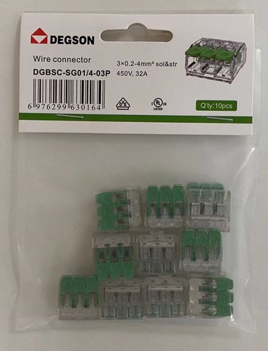 PCB vedruklemmliistud. Nimivool 32A. Nimipinge 450V, samm: 5,6mm. Värv: läbipaistev. Kontaktpind: tina blister 10tk DGBSC-SG01/4-03P-bl 6976299630164