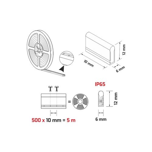 LED - riba NEON FLEX, 5m rull, 12Vdc, 11W/m, IP65, 3000K, lõigatav iga 1cm, Design Light N-6X12-Z-11W-30K-01 5908293400505