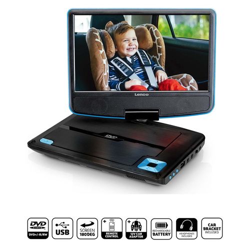 Portable 9" DVD player with USB headphones and mounting bracket Blue / Black DVP-910BU 8711902037873