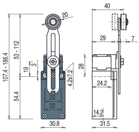 Position switch with adjustable lever and roller FM 555-M2K23, Pizzato FM-555-M2K23