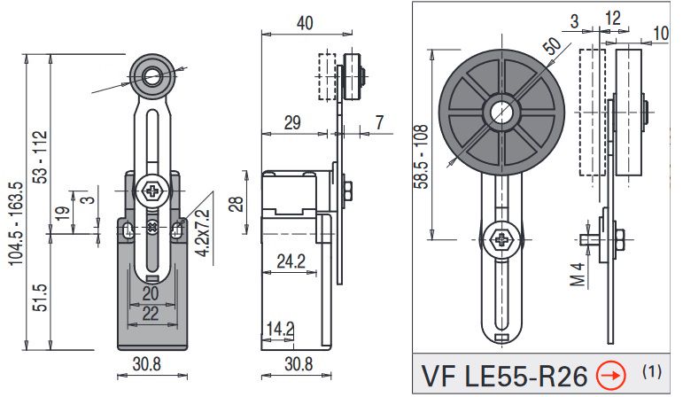 Position switch with adjustable lever and rubber roller FR 555-R26, Pizzato FR-555-R26 8018851384899