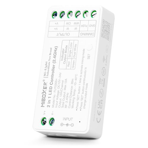 LED controller for DIM / CCT 2 in 1, 12-24Vdc, 12A, RF 2.4GHz, Mi Light FUT035S+