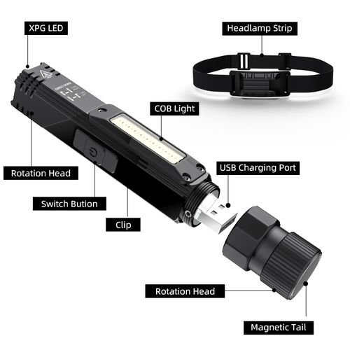 Taskulamp G19, multifunktsionaalne, magnetiga, SMD + COB + LED, 200lm, 5+2W, laetav SUPERFIRE-G19 6956362931534