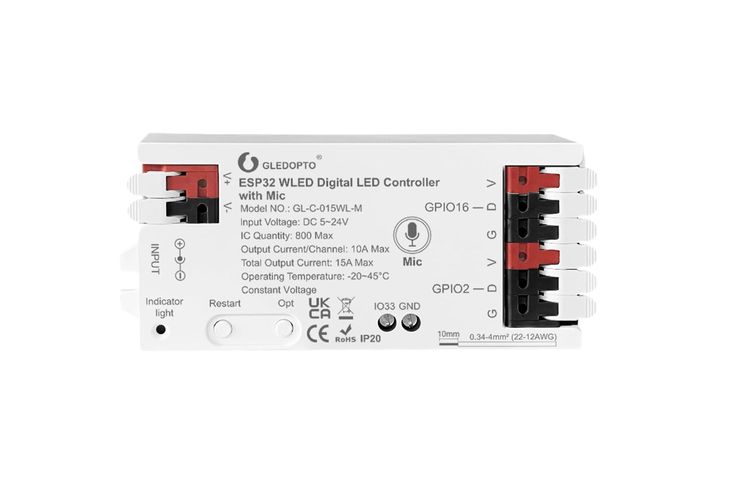 Цифровой контроллер светодиодной ленты, 5-24Vdc, 15A, 800pix, с микрофоном, WLED ESP32 Wi-Fi GL-C-015WL-M 6978699220006