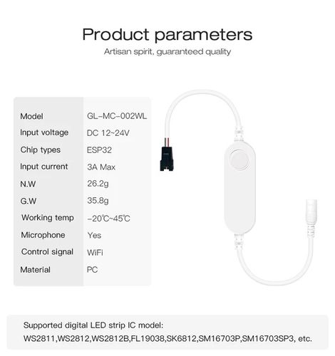 Цифровой контроллер светодиодной ленты, 12-24Vdc, 3A, 800pix, с микрофоном, WLED ESP32 Wi-Fi GL-MC-002WL 6978699220020