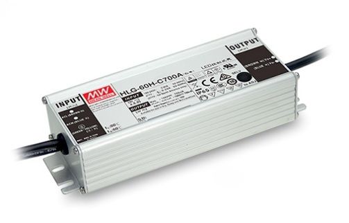 60W kõrge efektiivsusega LED toiteallikas 700mA 50-100V, reguleeritud + timmimine, PFC, IP65, MEAN WELL HLG-60H-C700AB