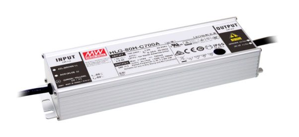 80W kõrge efektiivsusega LED toiteallikas 350mA 167-257V, reguleeritud + timmimine, PFC, IP65, MEAN WELL HLG-80H-C350AB