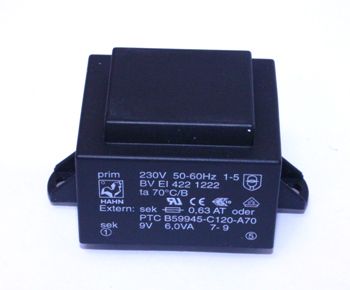 trafo BVEI4221223 230V/2x9V 2x334mA 6W Hahn, RoHS HTR609-2