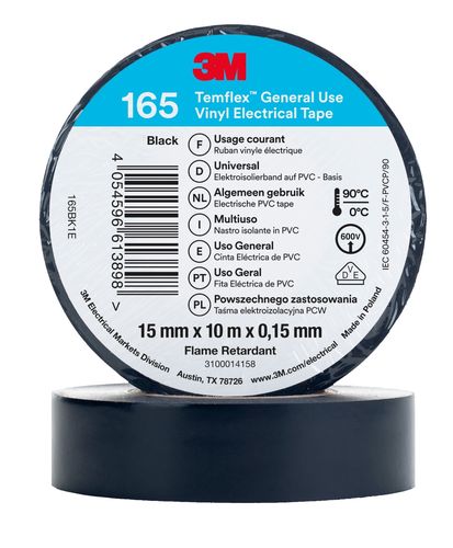 Vinyl Electrical Tape 3M Temflex 165 15mmx15mmx10m, black, 3M IZ/3M/165B-10 4054596613898