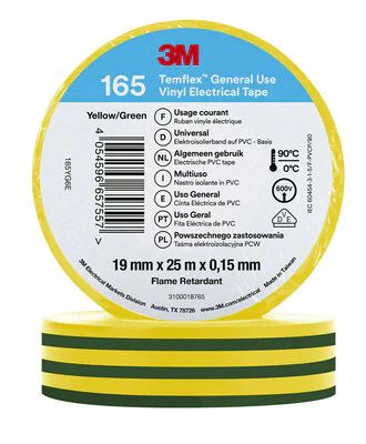 Vinyl Electrical Tape 3M Temflex 165 15mmx15mmx10m, green-yellow, 3M IZ/3M/165YG-10 4054596657441