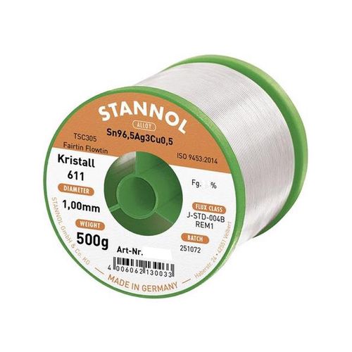 Solder wire Sn96.5Ag3Cu0.5 KRISTAL 611 0.80mm 500g with 4.5% flux Stannol S/813034 4006062130347