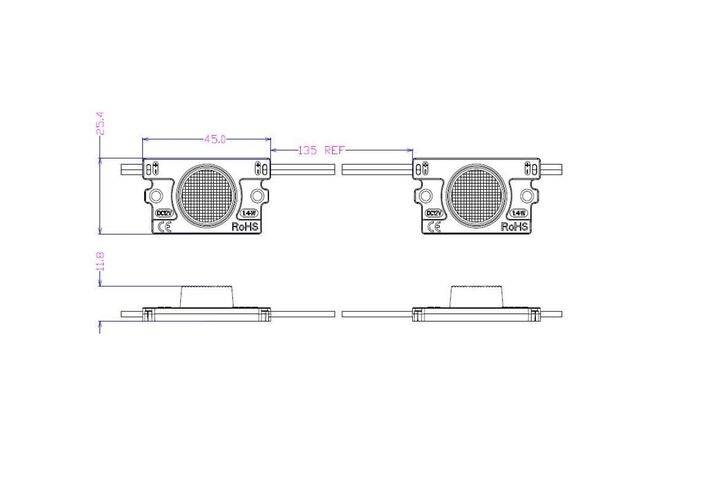 Светодиодный модуль 1.44W, 12V, 125lm, 15/45 °, 3000K теплый белый, IP67, для бокового освещения, DongsenLED LEDM-EDGE-144WW