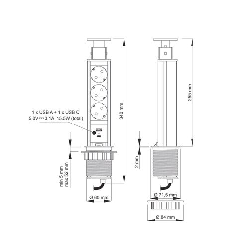 LIFT BOX furniture socket, 3 x Schuko, 1x USB, 1x USB C LIFTBOX-CZ-3DE-UAC-0 5908293405746