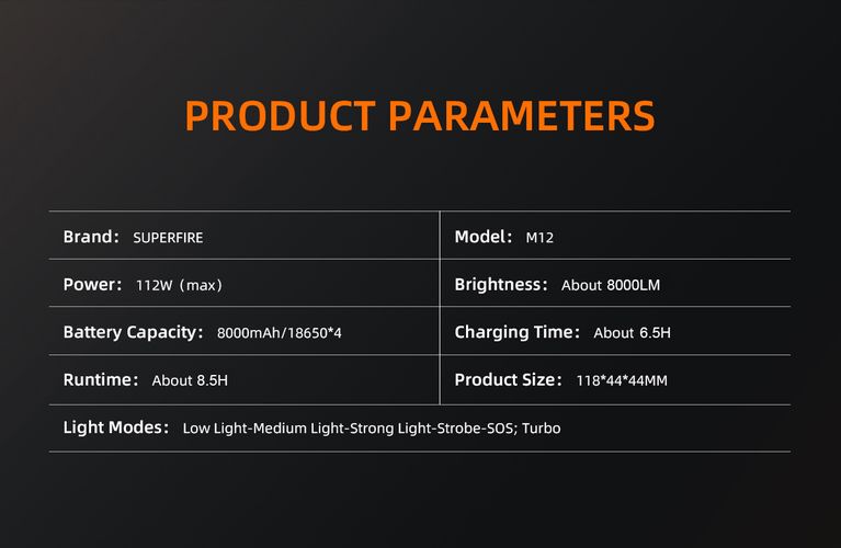 Taskulamp M12, 8000lm, 112W, taaslaetav USB C, 4x 18650 8000mAh, IP44 SUPERFIRE-M12 6975515770745