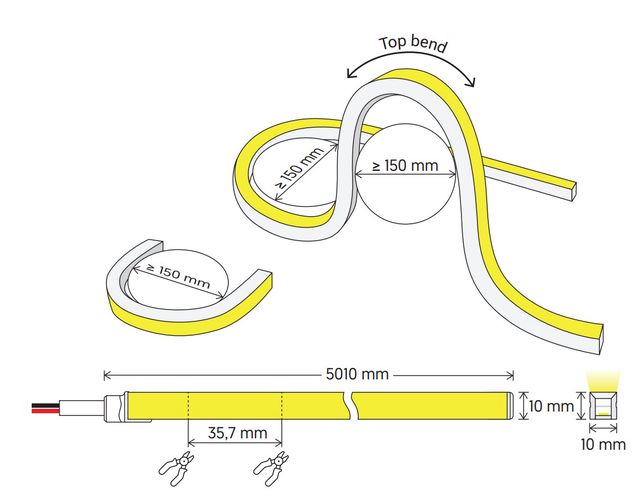 LED riba NEON FLEX 24Vdc, 9,6W/m, neutraalne valge 4000K, 10x10mm, 5m ritė, IP67 NF-1010-24V-NW