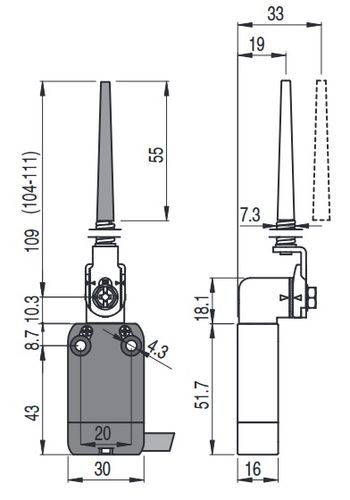 Modulaarne eeljuhtmega lüliti metallist pöörleva hoovaga painduva reguleeritava vardaga NF B112LL-DN2, Pizzato NF-B112LL-DN2 8018851152924