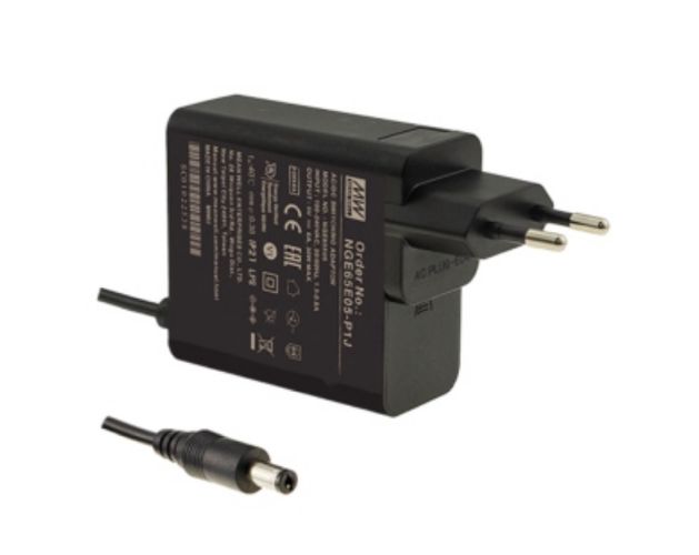 65W одновыходной блок питания 24V 2.71A, адаптер вставной, 5.5x2.1mm, высоконадежный, экстремально маленький, настенный, промышленный, MEAN WELL NGE65E24-P1J