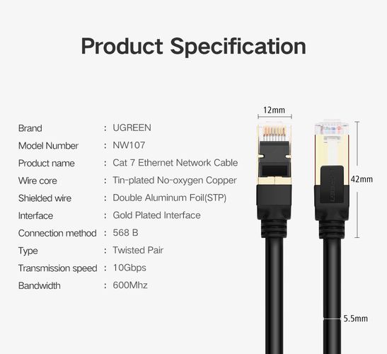 Kaabel F/FTP CAT7 2xRJ45 pistikutega 5m, must NW107 UGREEN UGREEN/11271