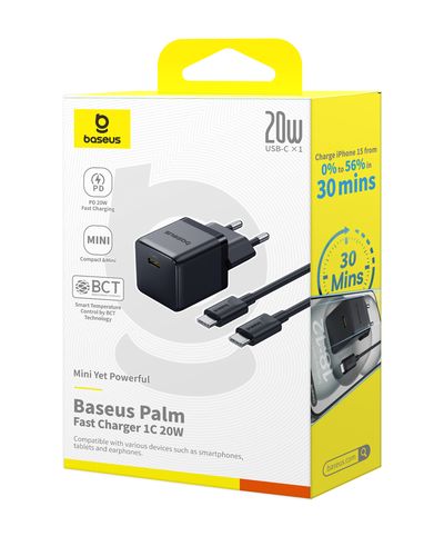 Wall Fast Charger Palm 20W USB-C QC3.0 PD3.0 with USB-C Cable 1m, Black P10111602113-01 6932172677411