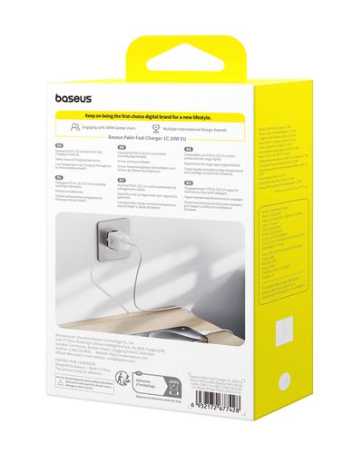 Wall Fast Charger Palm 20W USB-C QC3.0 PD3.0 with USB-C Cable 1m, White P10111602213-01 6932172677428