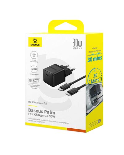Wall Fast Charger Palm 30W USB-C QC3.0 PD3.0 with USB-C Cable 1m, Black P10111605113-01 6932172677398