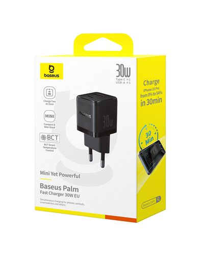 Wall Fast Charger Palm 30W USB + USB-C QC3.0 PD3.0, Black P1011160A113-00 6932172672478