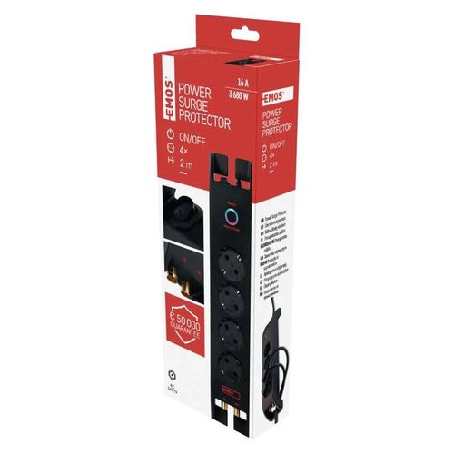 Power strip with surge protection (1800J) 2m 4 sockets, IEC protection black EMOS P54222 8592920080221