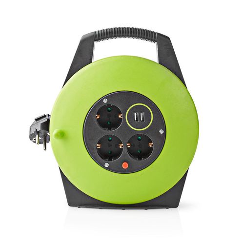 Cable Reel | Plug with earth contact | 10.0 m | 3000 W | 16 A | Kind of grounding: Side Contacts | 230 V AC 50/60 Hz | Socket angle: 90 ° | H05VV-F 3G1.5mm² | Fuse: Yes | Black / Green PECCR10UFGN 5412810323319