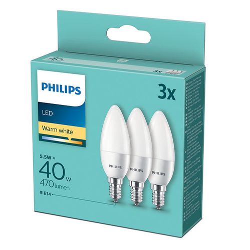 Светодиодная лампа E14 3шт 230Vac 4,5W (40W) 470lm, тёплый белый , Philips PHIL/777814 8718699777814