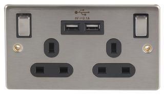 SWITCHED SOCKET, BLK NICKEL, 2GANG, 13A SS2213U