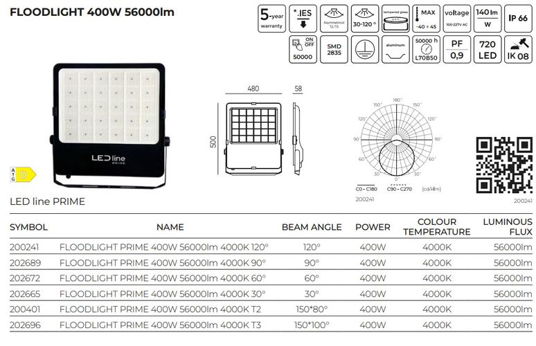 LED floodlight PRIME, 230Vac, 400W, 56 000lm, 140lm/W, 4000K, IP66, 120° 200241 5905378200241