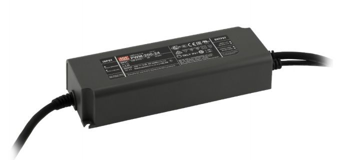 Ühe väljundiga LED-toiteplokk 24V 8,3A PFC-ga, juhtmevaba, Casambi, MEAN WELL PWM-200-24BLE