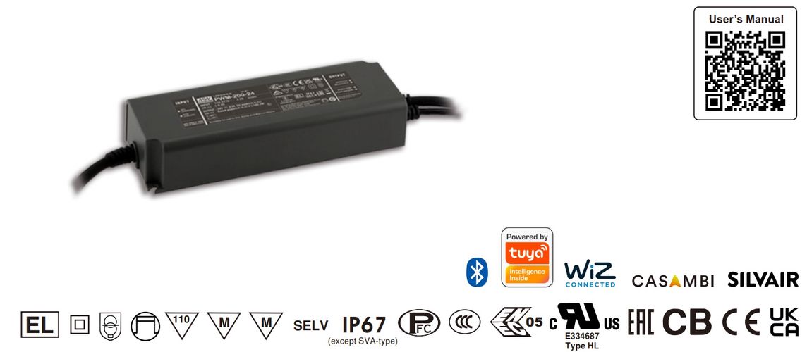 Ühe väljundiga LED-toiteplokk 24V 8,3A PFC-ga, juhtmevaba, Casambi, MEAN WELL PWM-200-24BLE