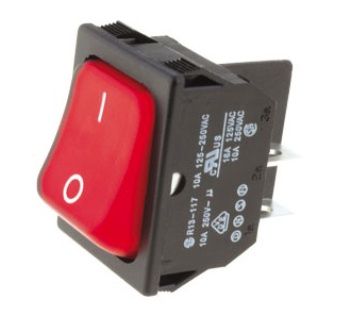 Rocker switch; ON-ON, fixed, 4pins. 10A/250Vac 31.5x25.2mm DPST black body NEON illuminated, red rocker R13-117B-01/R