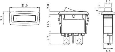 Rocker switch; ON-OFF, fixed, 2pins. 3A/250Vac, 19.4x7mm SPST, black R13-243A-02