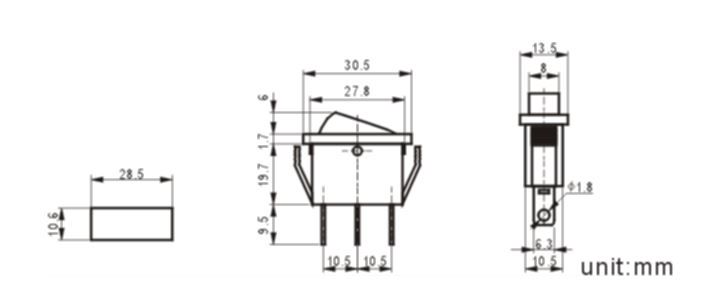 Rocker switch; ON-OFF, fixed, 3pins. 15A/250Vac, 30.5x13.5mm SPST, illuminatad, red, NEON R13-91B-01/R