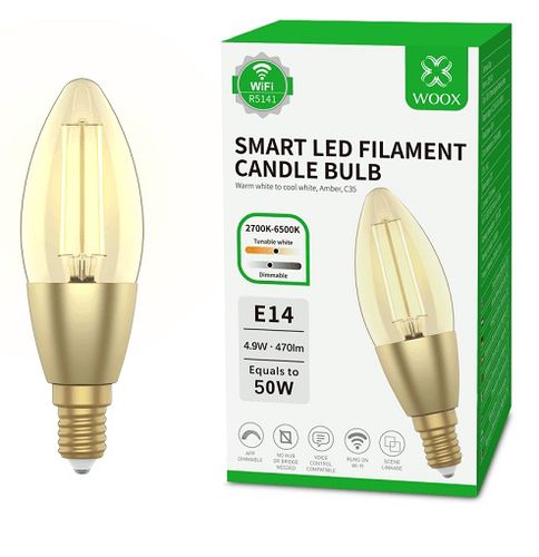 LED filament bulb E14, 230V, 4.9W, 470lm, 2700K - 6500K, CCT, candle shape C37, smart Wi-Fi, Bluetooth, app controllable, TUYA / Smart Life, WOOX R5141 8435606714976