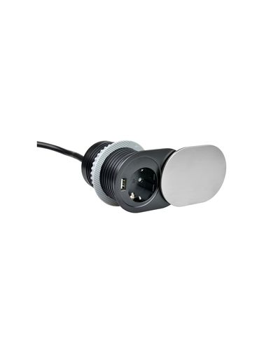 Extension socket for furniture 1x Schuko, 1x USB (5V 2.4A) 1.9m brushed stell color Design Light SLIDEBOX-1G1U-DE-01 5900652147823