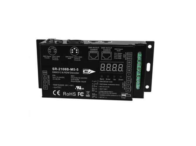 LED controller DMX512, RDM, XLR 5pin, RJ45, 5x8A, 500Hz - 35kHz, Sunricher SR-2108B-M5-3