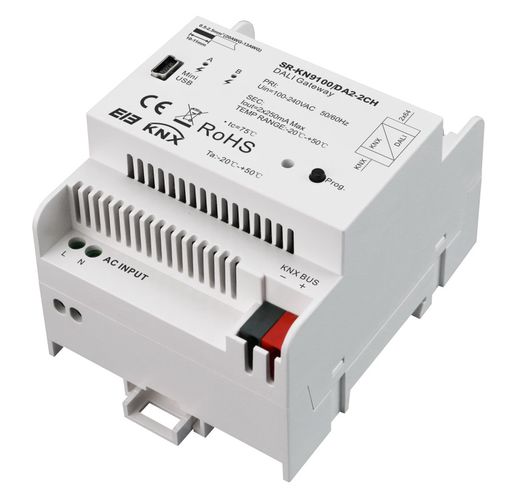 DALI - KNX gateway, 100-240Vac, DALI2, 2x 250mA, kuni 2x 64 DALI kanalit. SR-KN9100/DA2-2CH