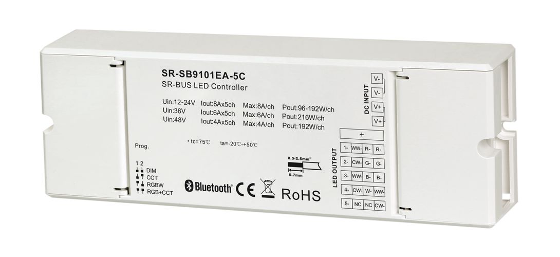 LED kontroller, 12-24V, 5x8A, RGB +CCT, SR-BUS seeria, Bluetooth +RF, Sunricher SR-SB9101EA-5C