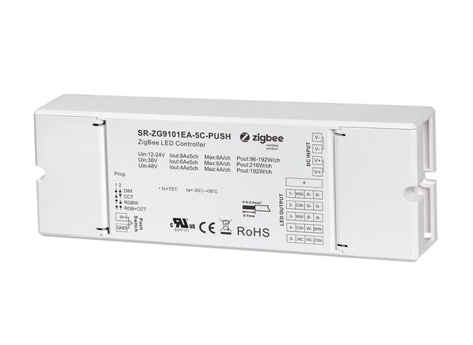 Контроллер для светодиодного освещения, 12-48V RGB + CCT ZigBee, 5x8A, совместим с Philips HUE, Sunricher SR-ZG9101EA-5C-A