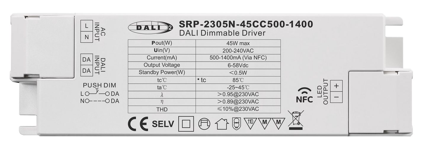 45W ühe väljundiga konstantse vooluga LED toiteallikas 6-58Vdc, 500-1400mA, dimmerdatav PUSH-DIM, DALI-2 NFC seadistusega, PFC, Sunricher. SRP-2305N-45